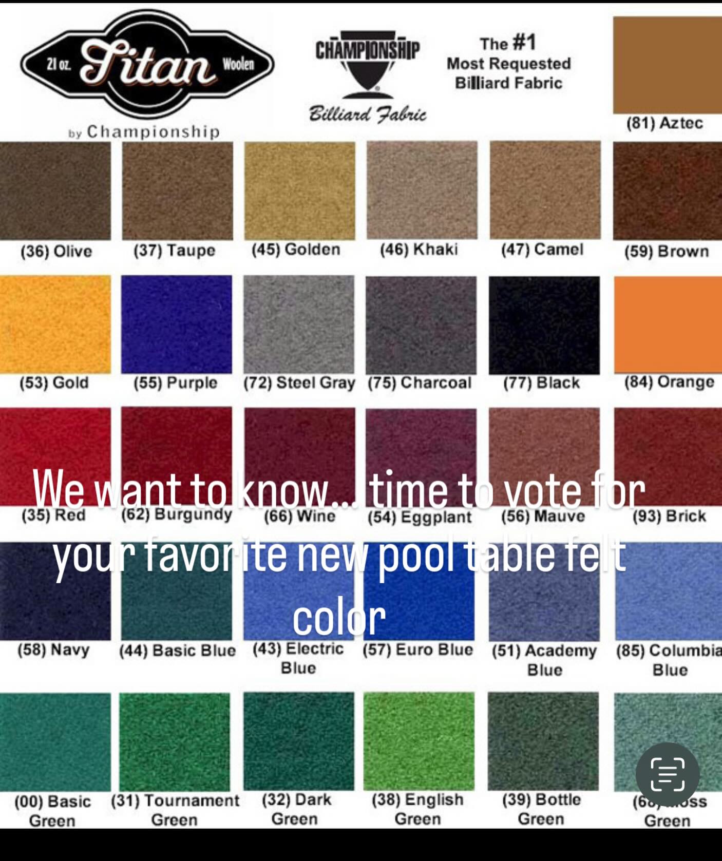 Vote for the new pool table felt color